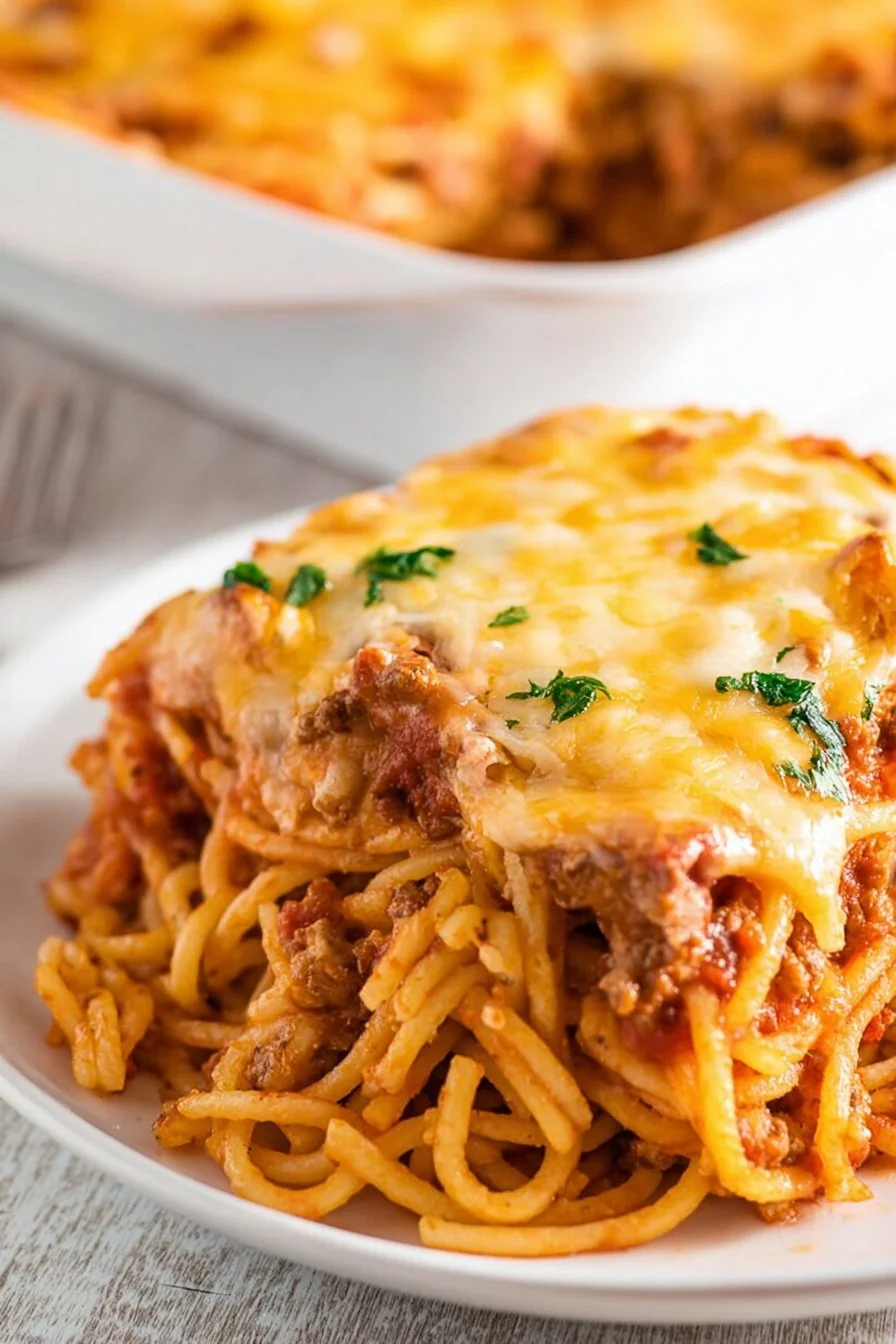 Cheesy, golden-topped 30-Minute Spaghetti Casserole fresh out of the oven