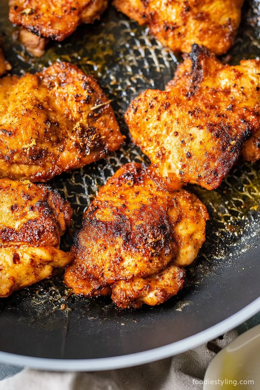 Juicy, crispy Air Fryer Chicken Thighs on a plate with parsley garnish