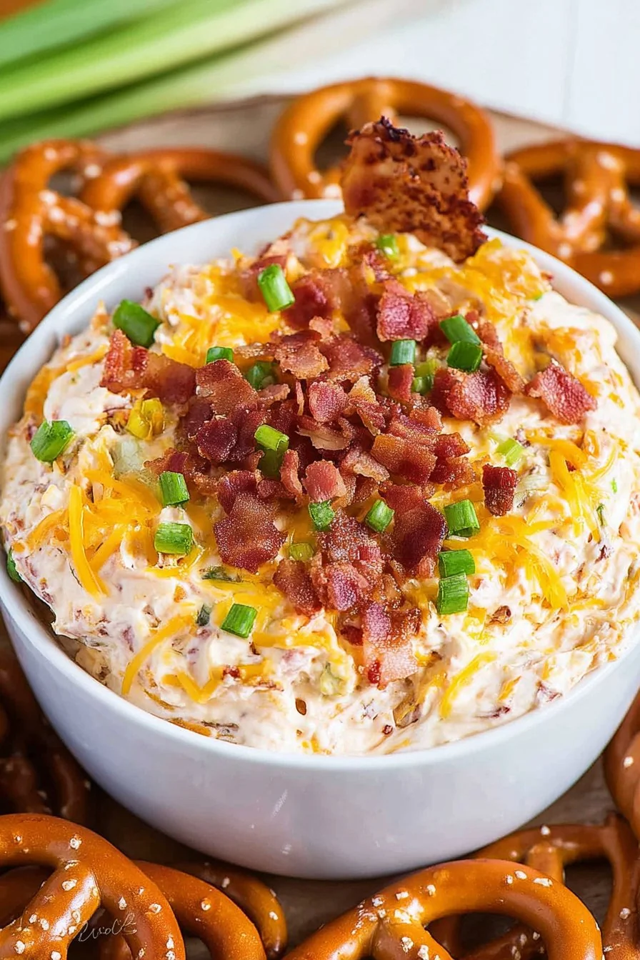A bowl of creamy Bacon Cheddar Pretzel Dip garnished with scallions and surrounded by soft pretzel bites