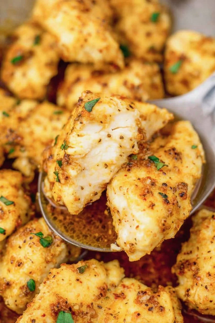 Golden, crispy oven-baked chicken bites piled on a plate with a side of dipping sauce