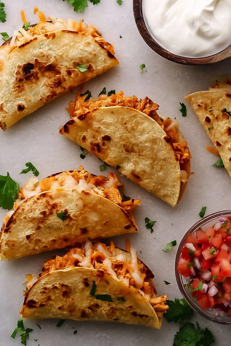 A tray of golden, cheesy baked chicken tacos with toppings