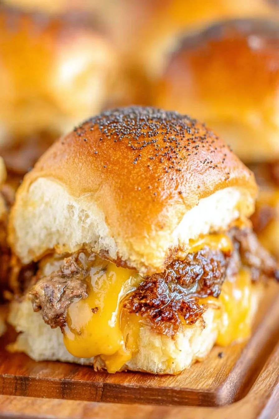 Mini beef & cheddar sliders stacked on a tray