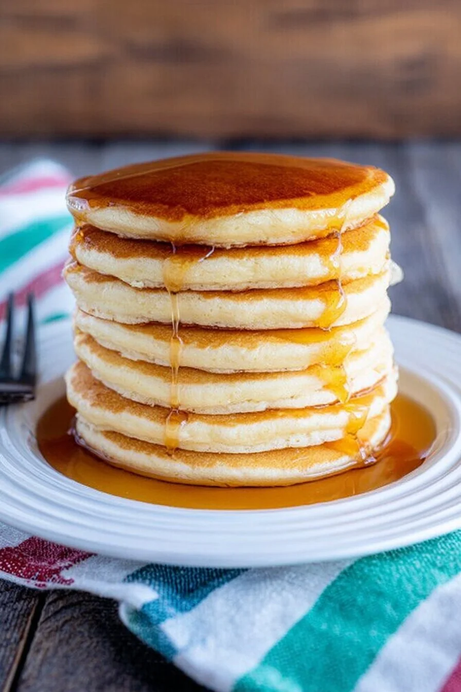 Golden stack of fluffy pancakes, dripping with syrup and topped with butter.
