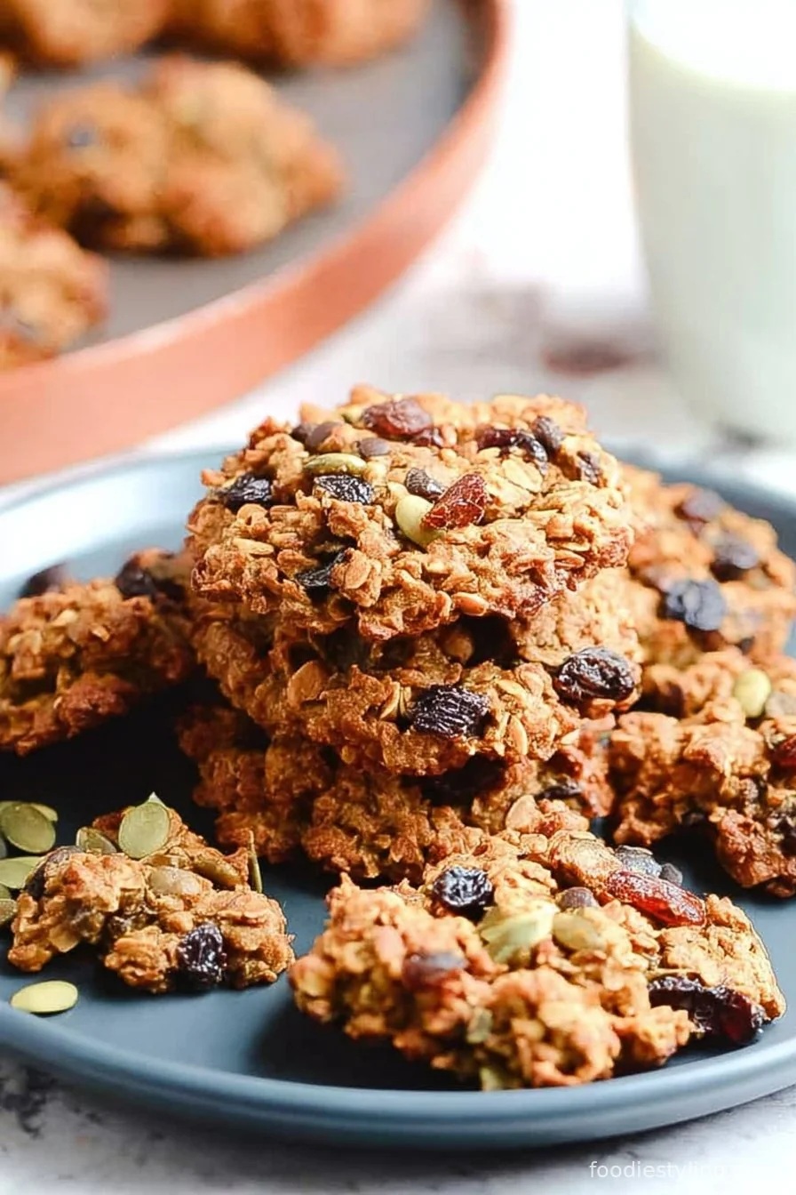 A stack of chewy, golden Breakfast Cookies on a plate with a glass of milk in the background.