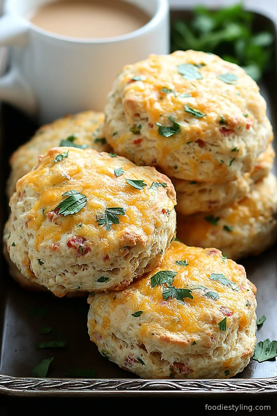 Fluffy golden brown protein biscuits on a baking tray, garnished with fresh herbs