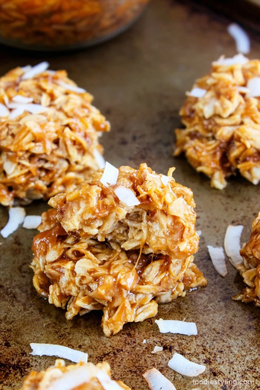 Caramel Coconut No-Bake Cookies on a plate, piled high, with caramel drizzle and toasted coconut on top