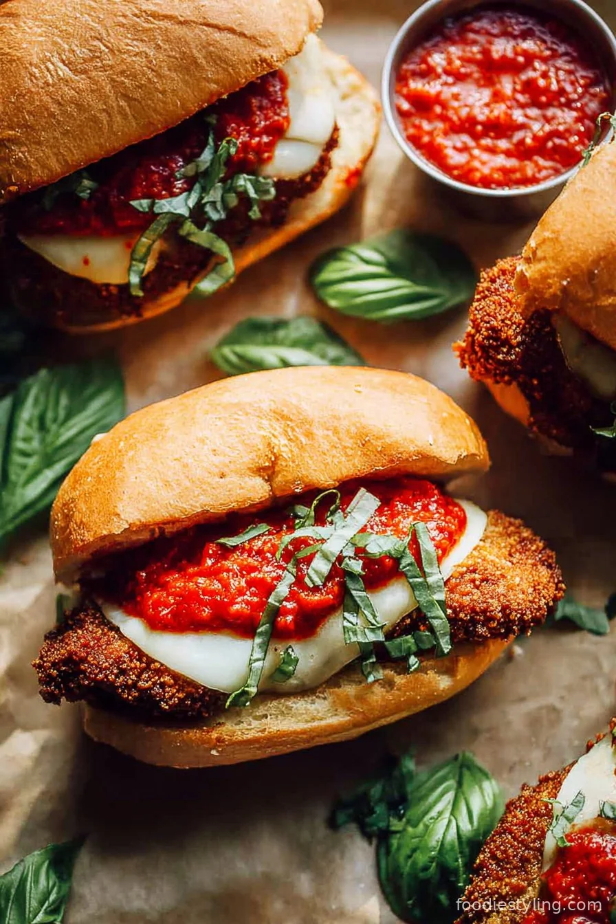 Crispy Chicken Parmesan Sandwich with melted cheese and marinara on a toasted bun