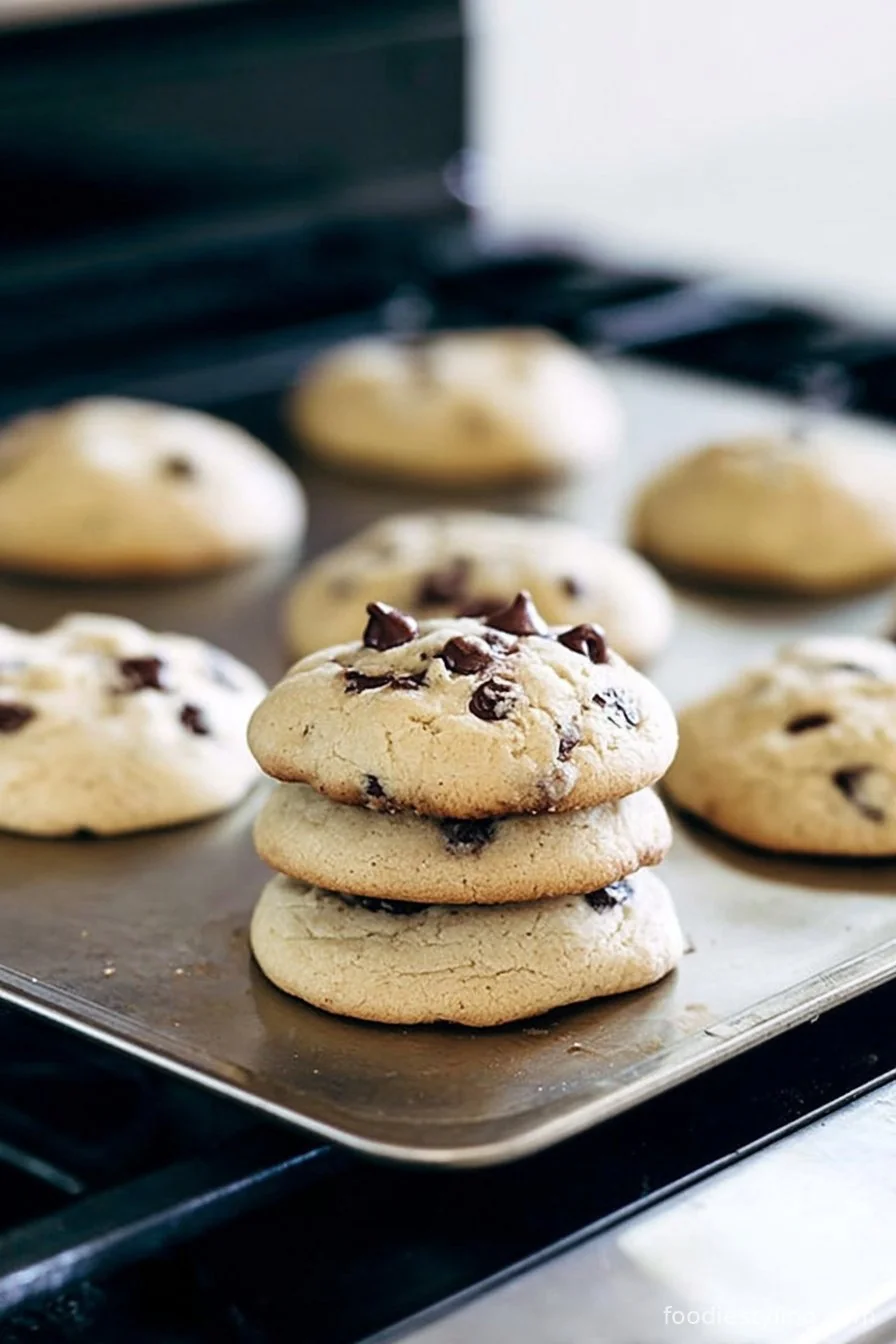 Batch of freshly baked chocolate chip cookies, golden and gooey