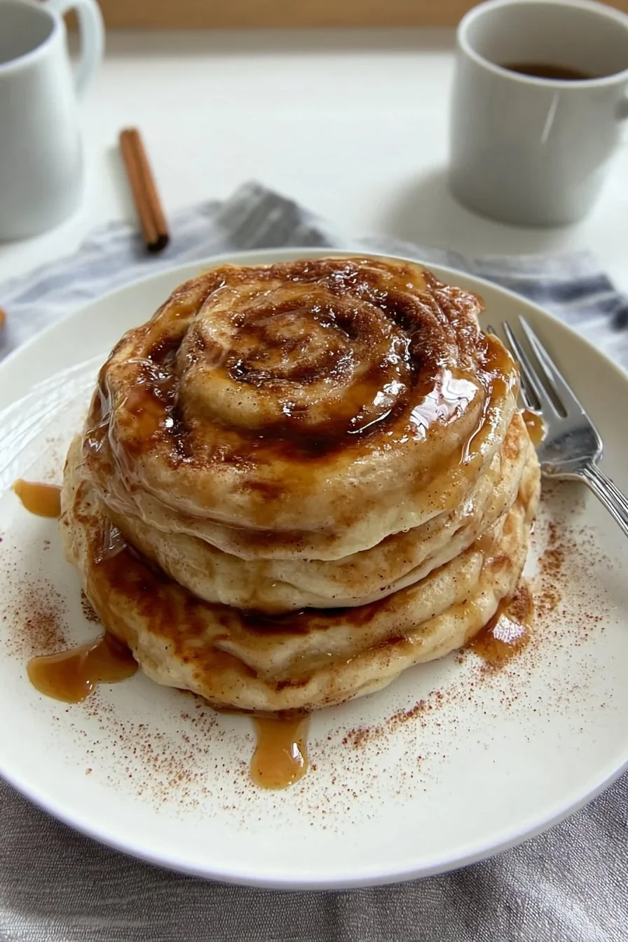 Cinnamon Bun Pancakes stacked with cream cheese icing