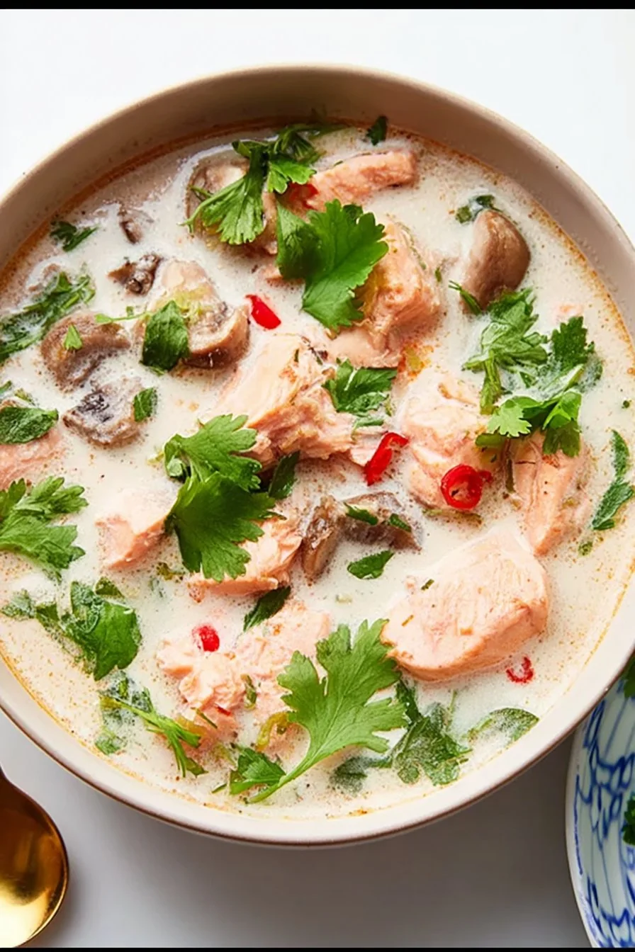 A vibrant bowl of Coconut Lime Fish Stew with red chili slices and fresh herbs