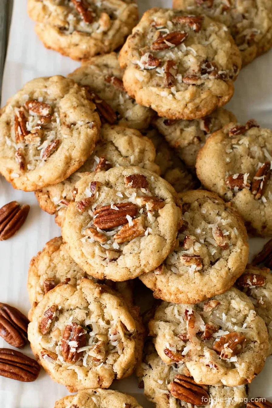 A plate piled high with golden Coconut Pecan Cookies, showing chewy centers and toasted edges.