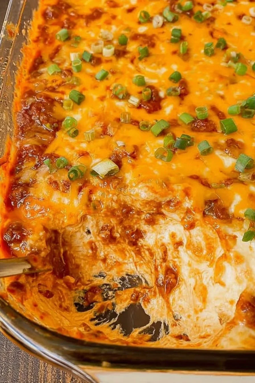 A bubbling, cheesy chili dip in a skillet topped with sliced green onions and served with tortilla chips