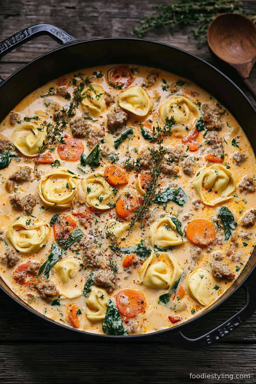 A steaming bowl of Creamy Sausage Tortellini Soup garnished with fresh basil