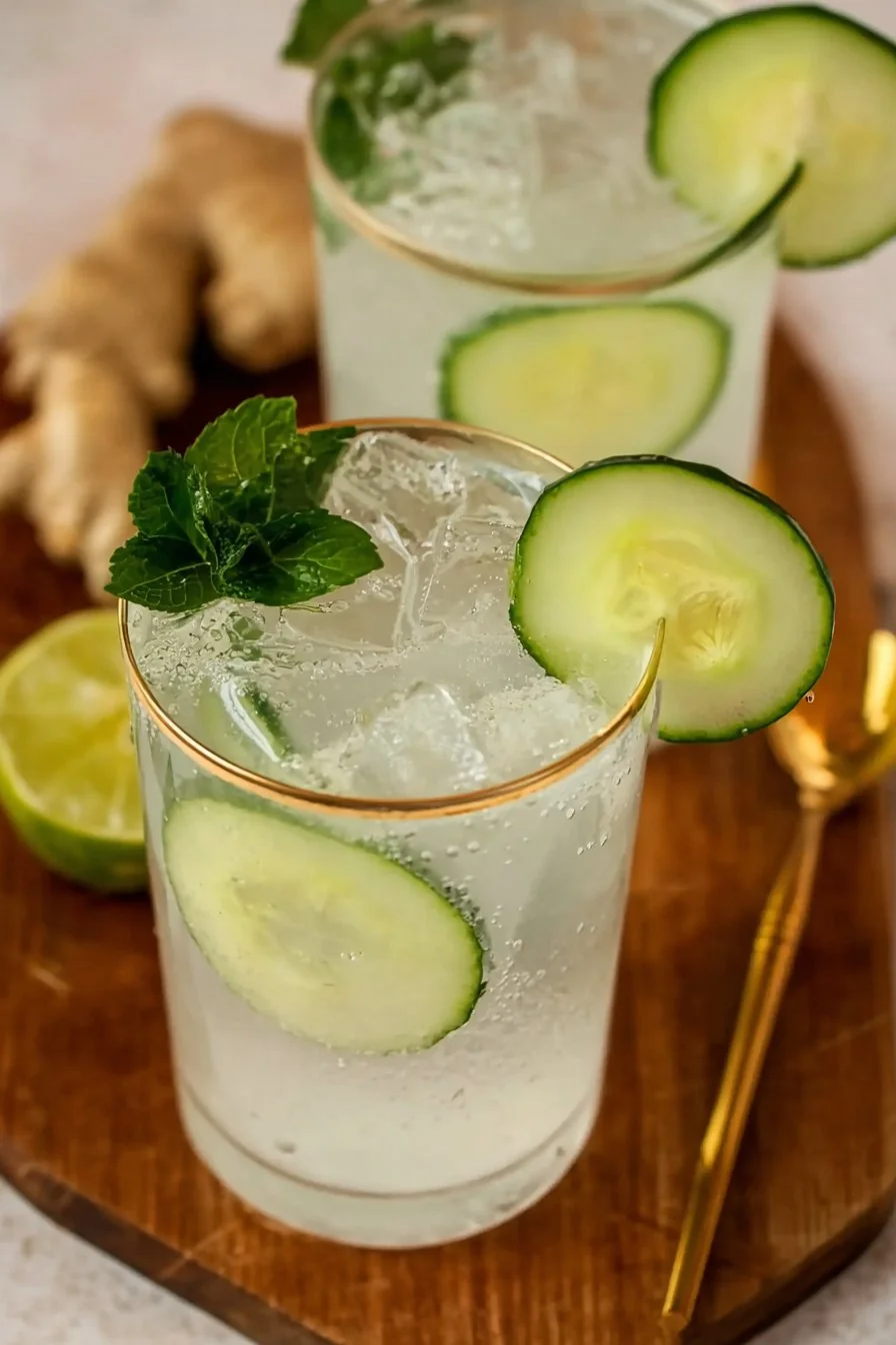 Cucumber Ginger Mocktail in a glass with cucumber ribbons and mint sprigs
