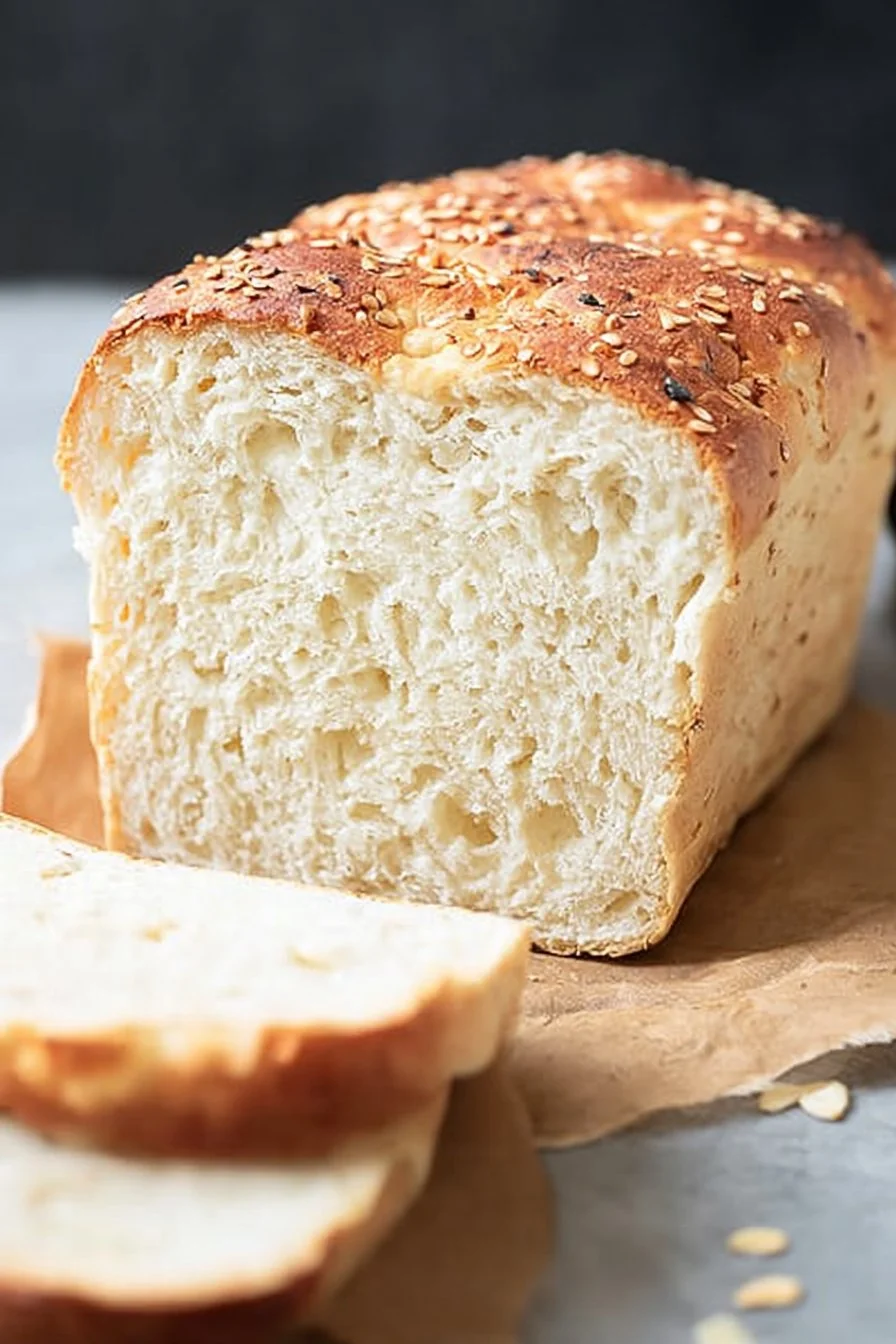 A golden loaf of gluten free bread, sliced and ready to eat.