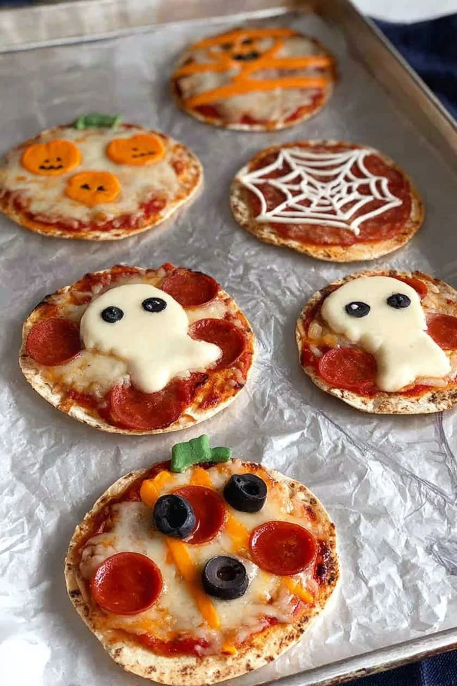 Easy Mini Halloween Pizzas decorated with olive spiders and cheese ghosts