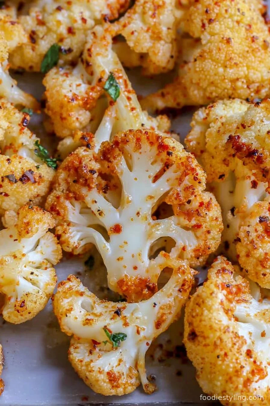 Golden, crispy roasted cauliflower florets on a baking sheet