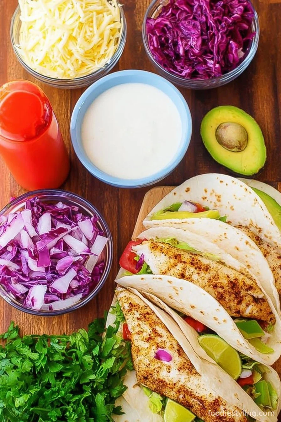 Golden, crispy fish tacos loaded with slaw and drizzled with creamy sauce