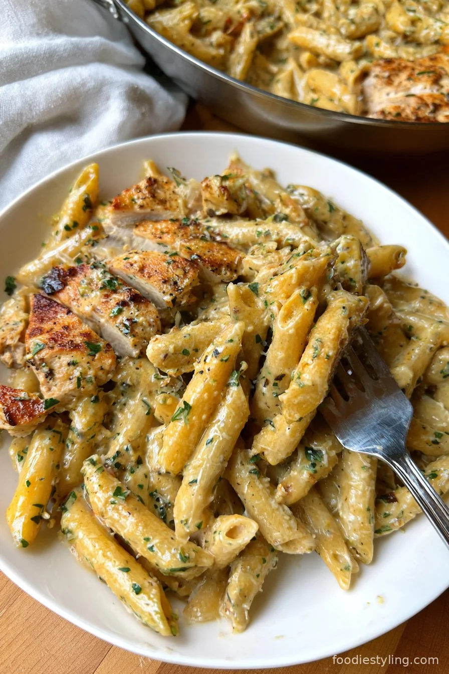 A skillet filled with creamy garlic parmesan chicken and pasta, topped with fresh parsley and extra parmesan.