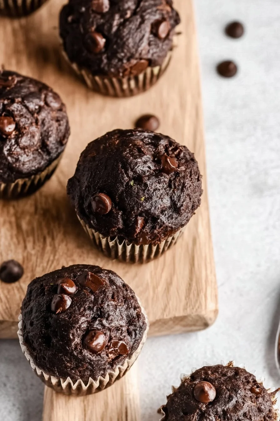 Healthy Double Chocolate Zucchini Muffins stacked on a plate, with chocolate chips sprinkled around.