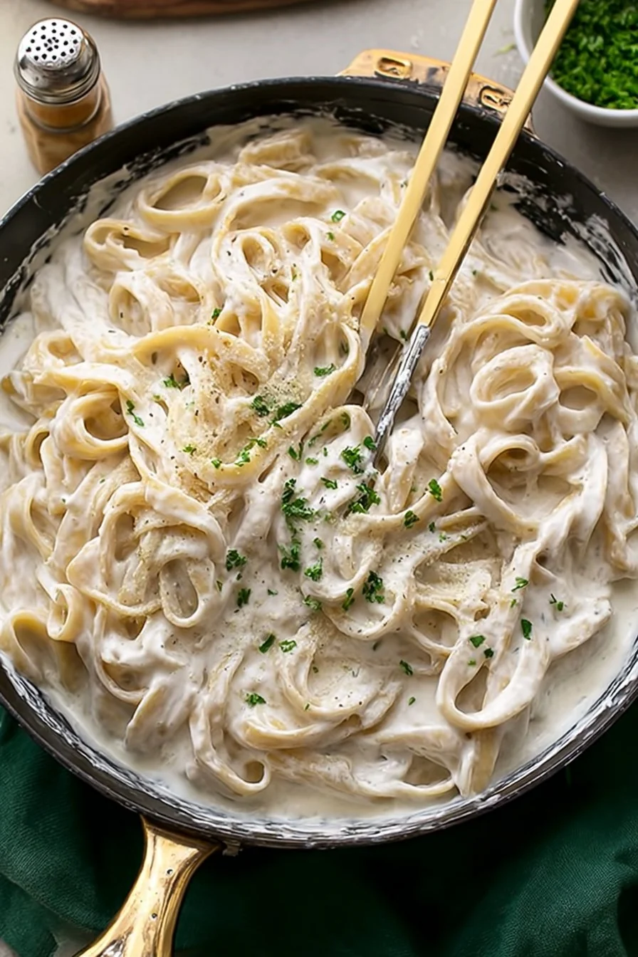 Creamy bowl of High Protein Cottage Cheese Alfredo Sauce tossed with fettuccine, topped with parsley and cracked black pepper