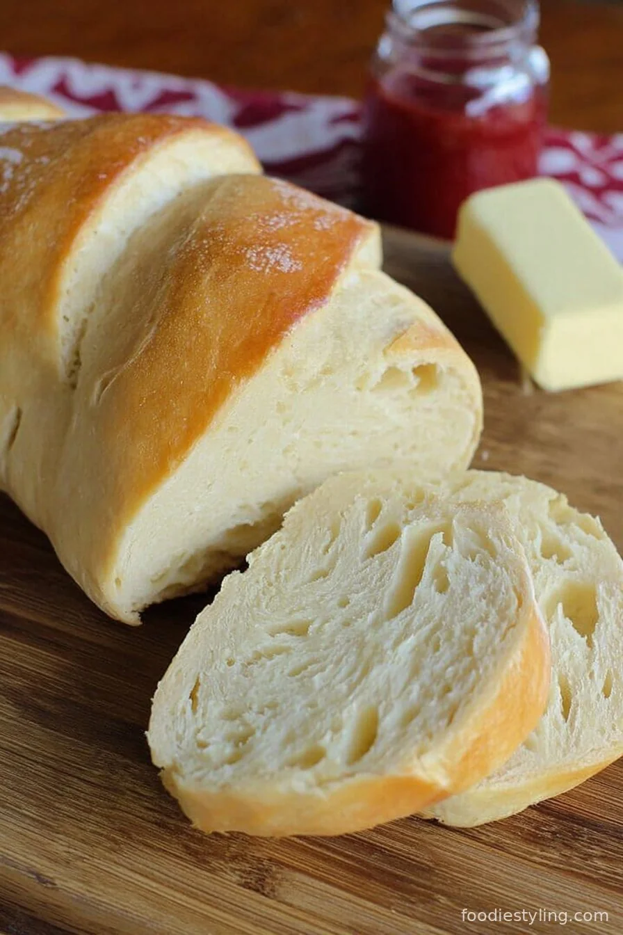 Golden, crusty Homemade Bakery French Bread loaf on a wooden board