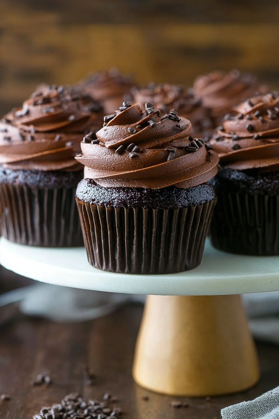 Plush, rich chocolate cupcakes topped with silky frosting
