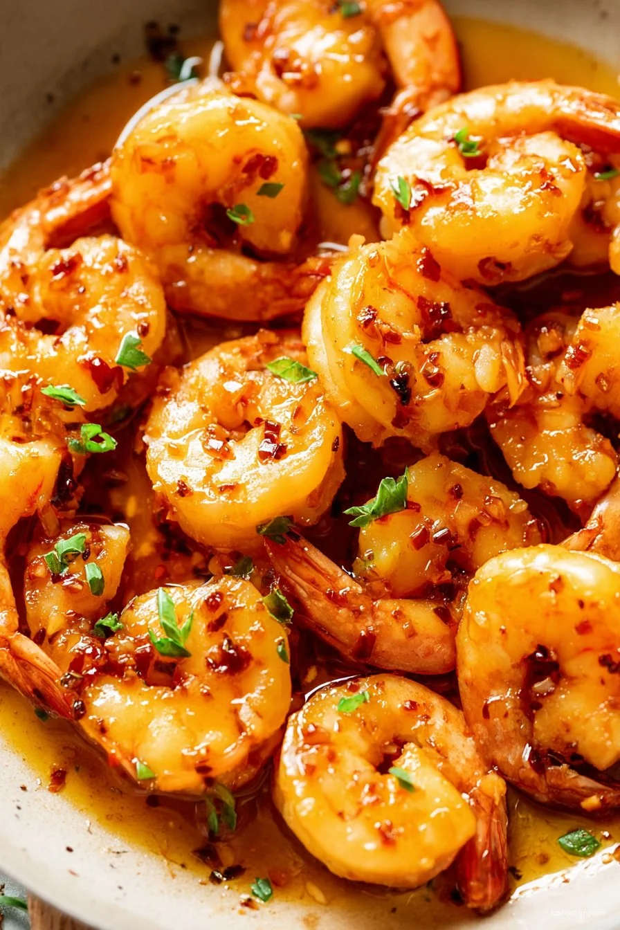 Glazed Honey Garlic Shrimp on white plate with rice and scallions