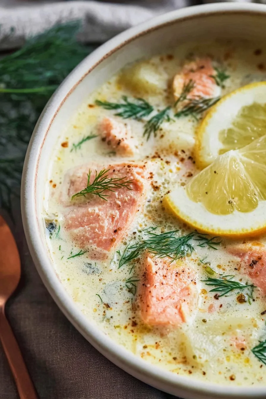 A steaming bowl of Finnish Salmon Soup garnished with fresh dill