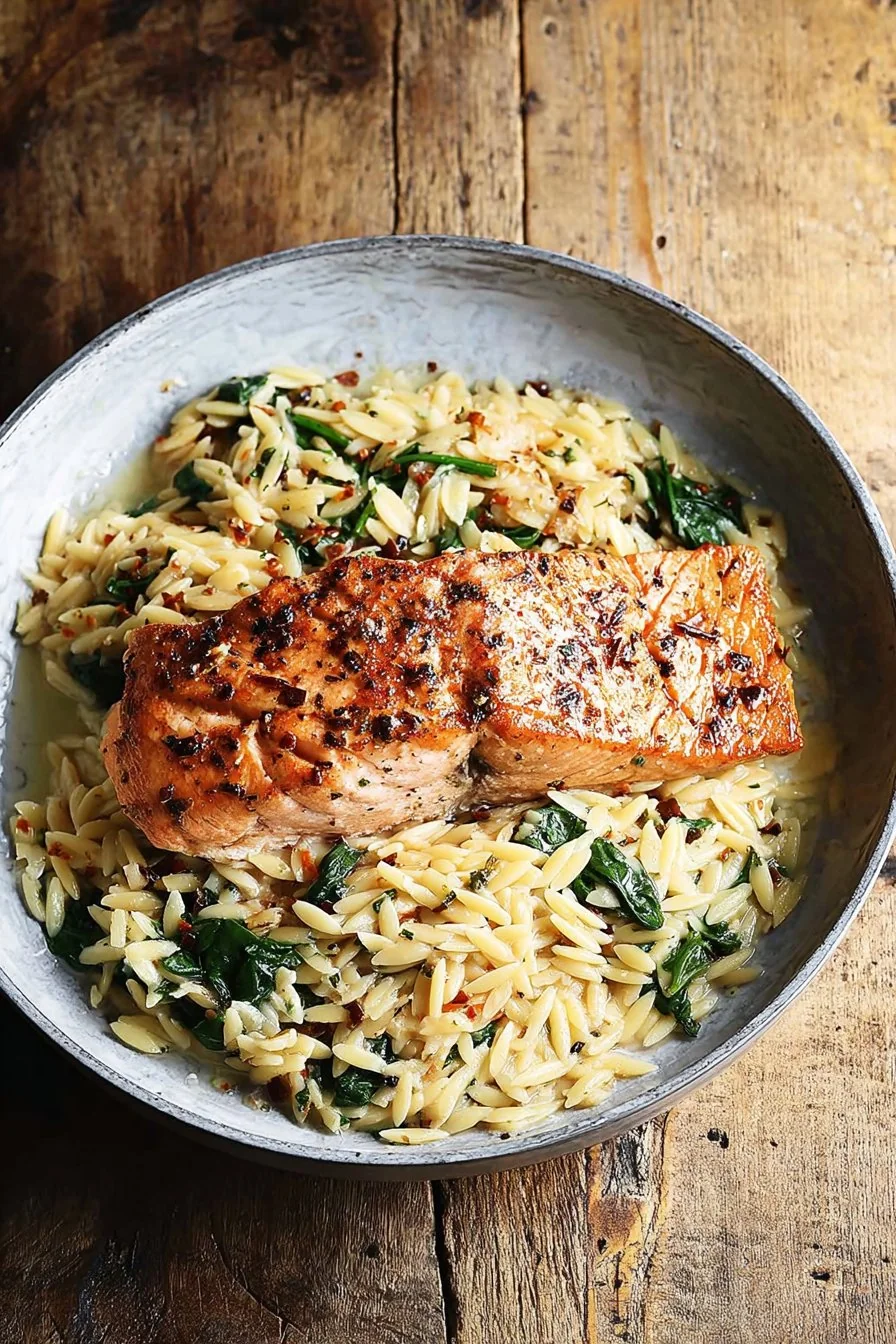 One Skillet Salmon with Lemon Orzo plated with fresh herbs