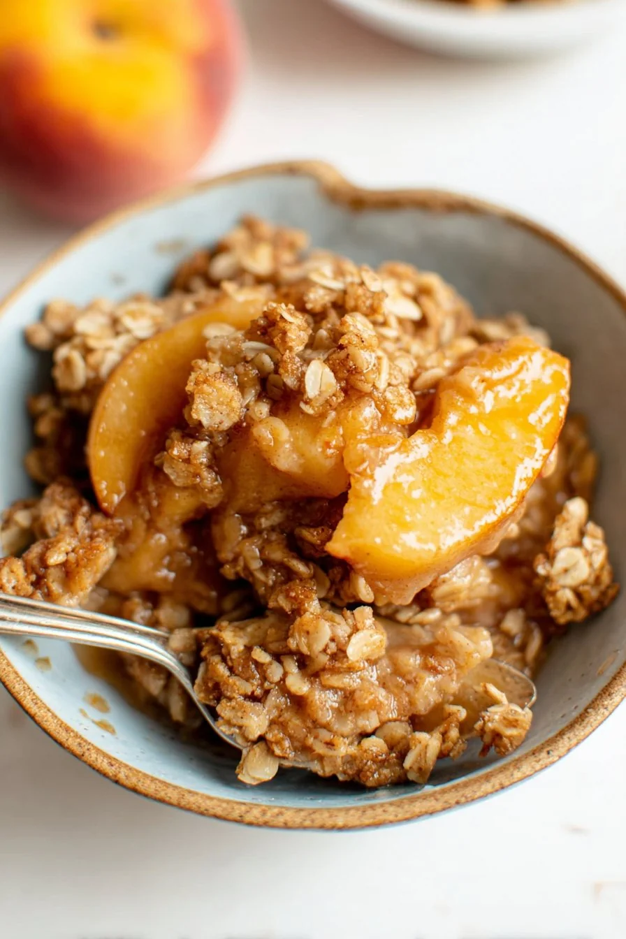 A golden-brown peach crisp with bubbling peaches and a crumbly oat topping