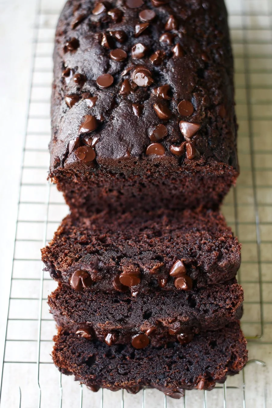 Rich, moist Chocolate Zucchini Bread loaf with chocolate chips on top