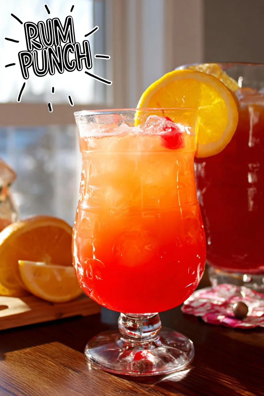 A pitcher of Easy Rum Punch with orange slices and maraschino cherries.
