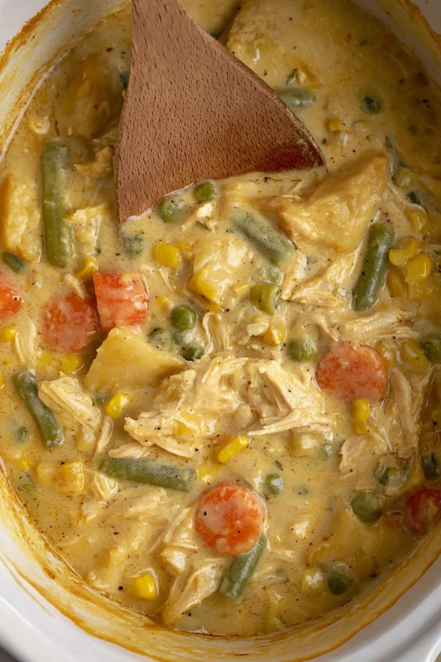 A warm bowl of creamy Crock Pot Chicken Pot Pie topped with golden biscuits