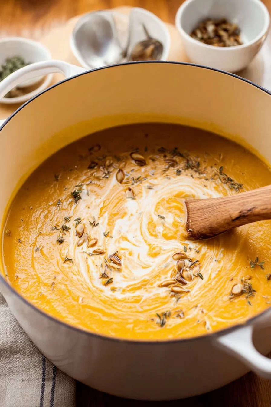 Golden, velvety Roasted Butternut Squash Soup in a bowl, garnished with a swirl of cream and herbs