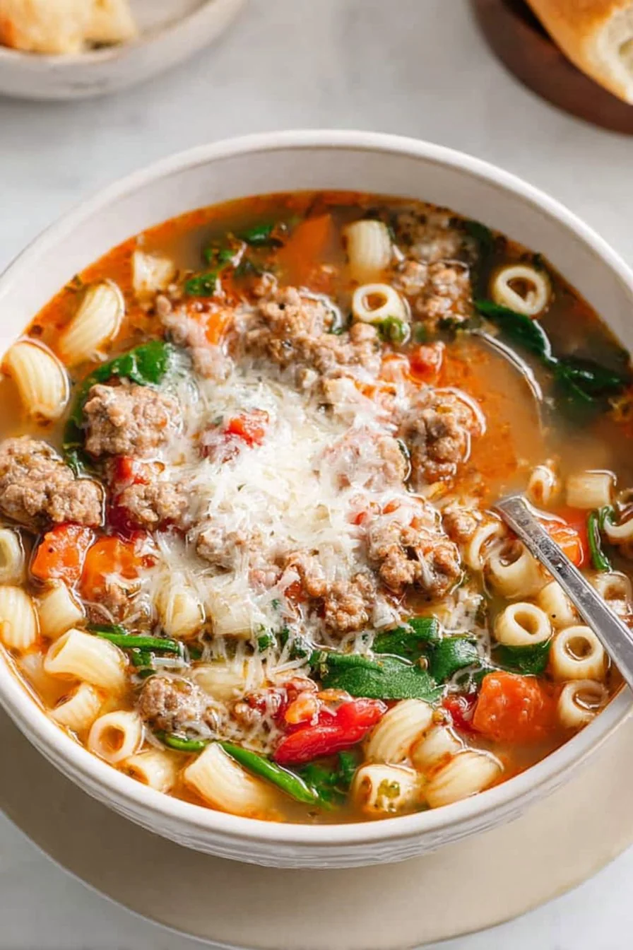 A hearty bowl of Italian Sausage Soup with Spinach and Pasta, garnished with fresh parmesan and herbs.