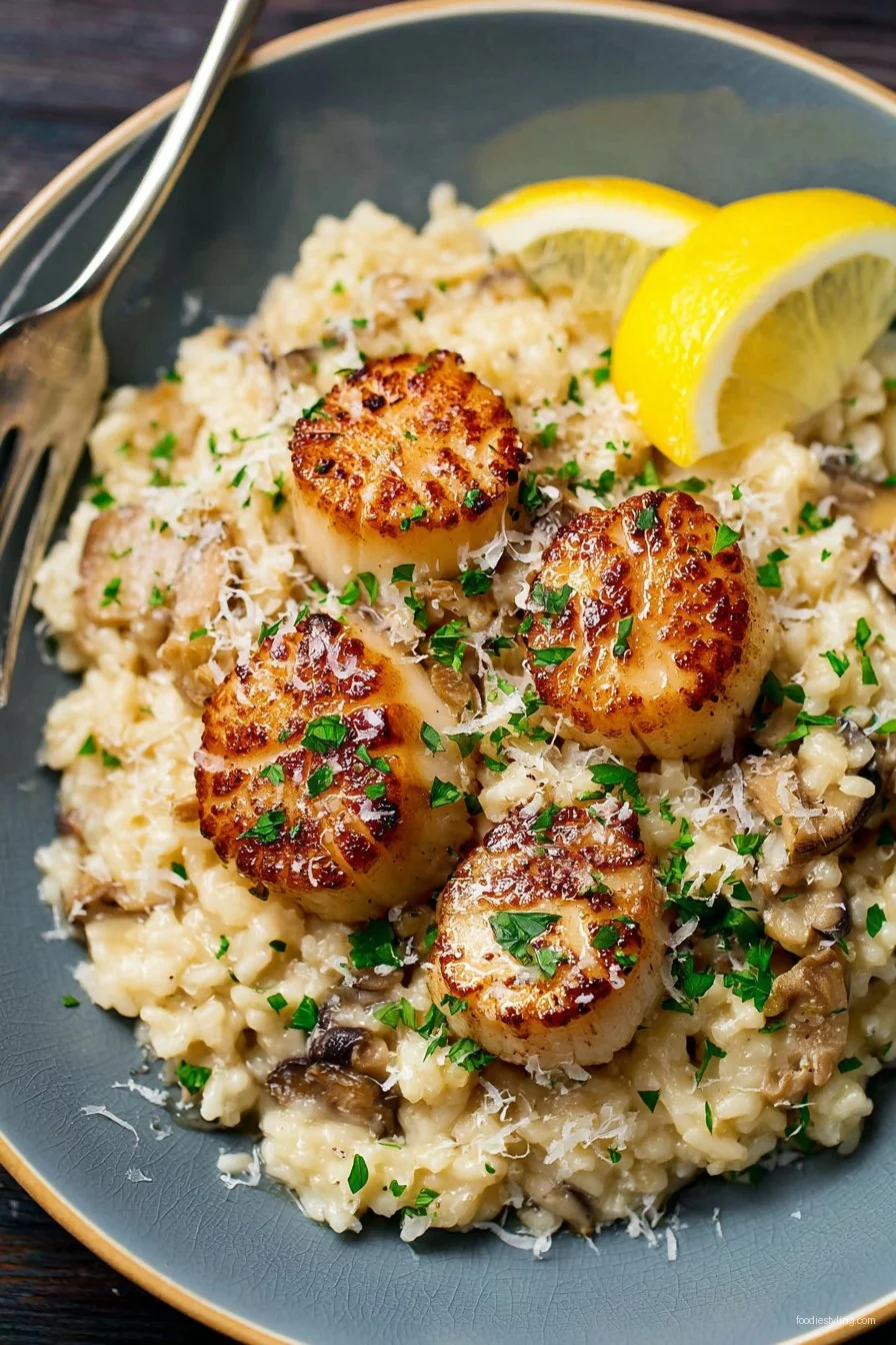 Delicious Lemon Butter Scallops Over Parmesan Risotto recipe
