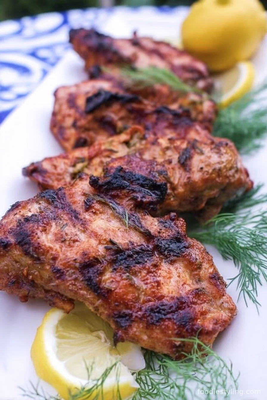 Grilled chicken marinated in lemon garlic sauce, garnished with parsley