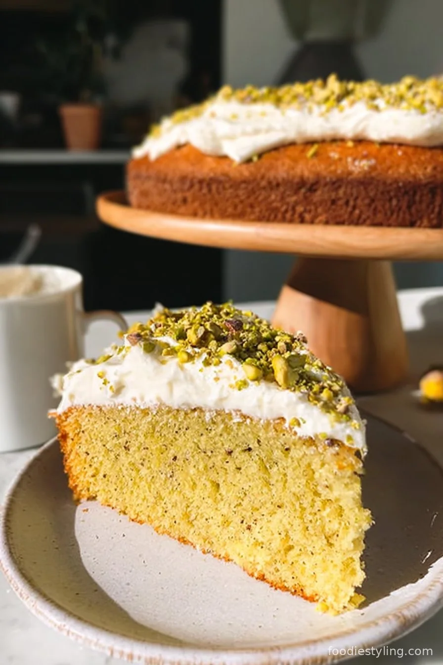 Lemon Pistachio Cake on a white plate with lemon slices and chopped pistachios