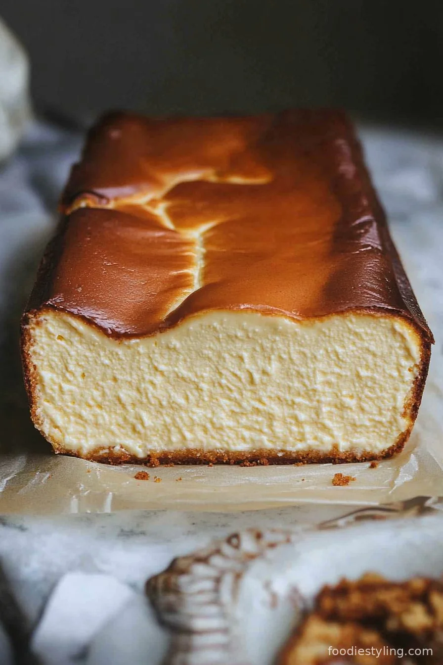 A golden and caramelized Basque cheesecake in a loaf pan, sliced to reveal its creamy inside