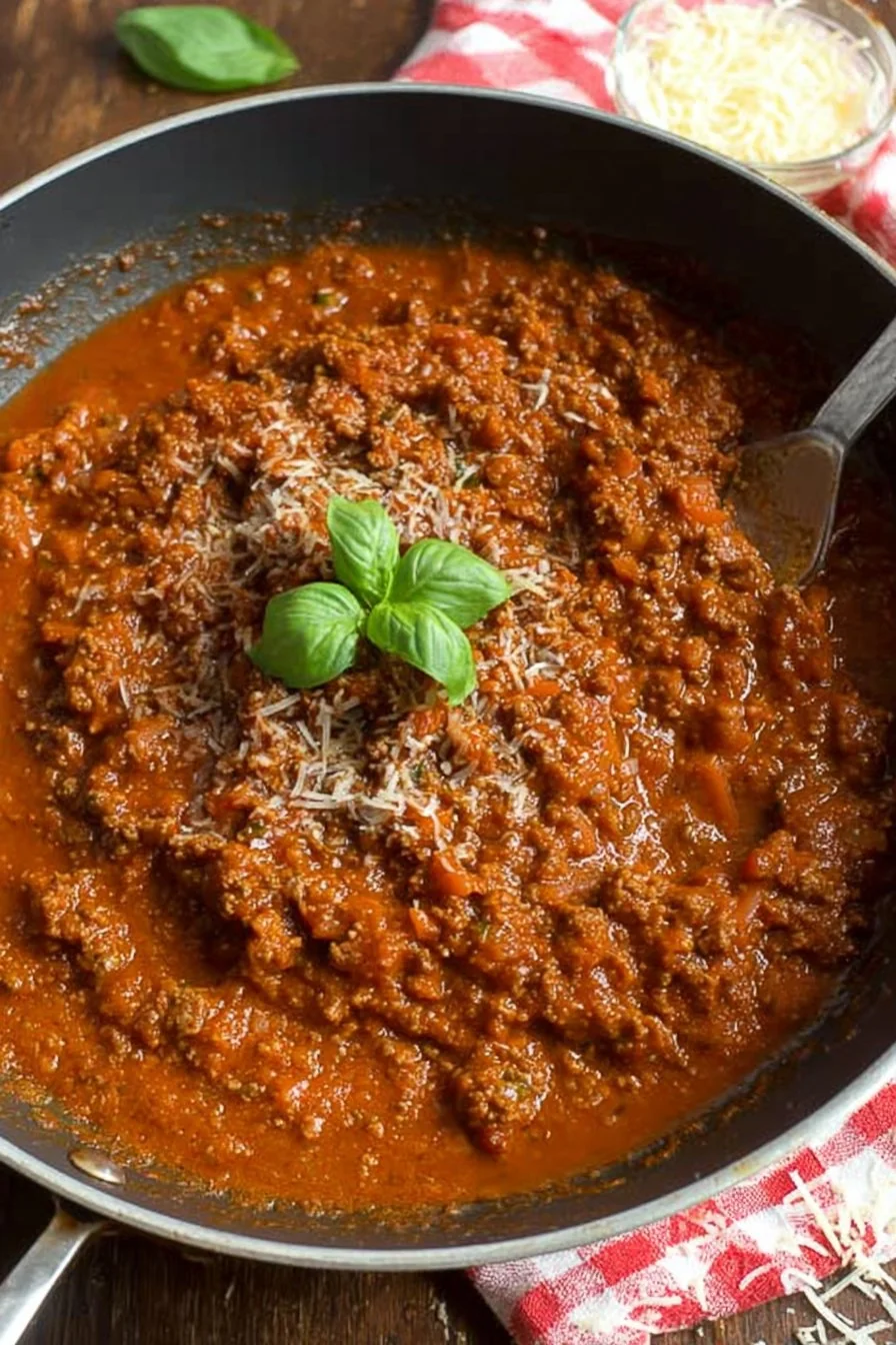A hearty bowl of meat sauce with hidden vegetables over spaghetti