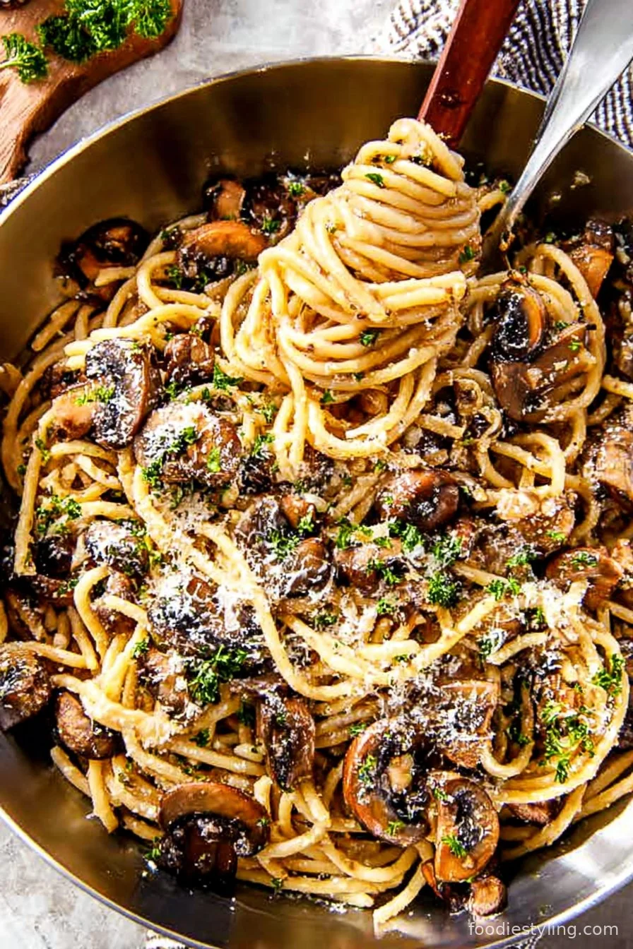 Mushroom Parmesan Pasta in a skillet, topped with fresh parsley and grated Parmesan
