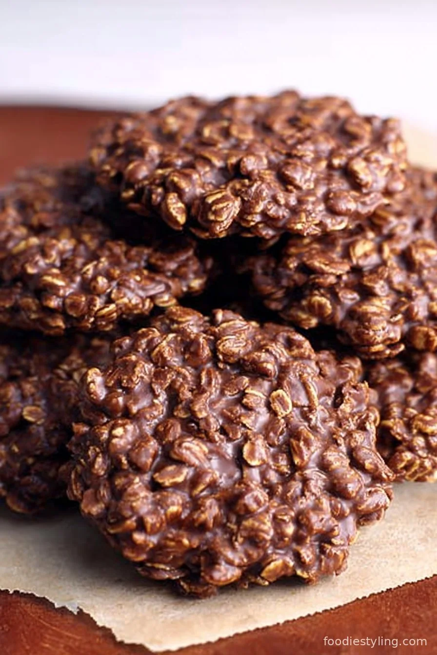 No Bake Chocolate Oatmeal Cookies stacked on a plate
