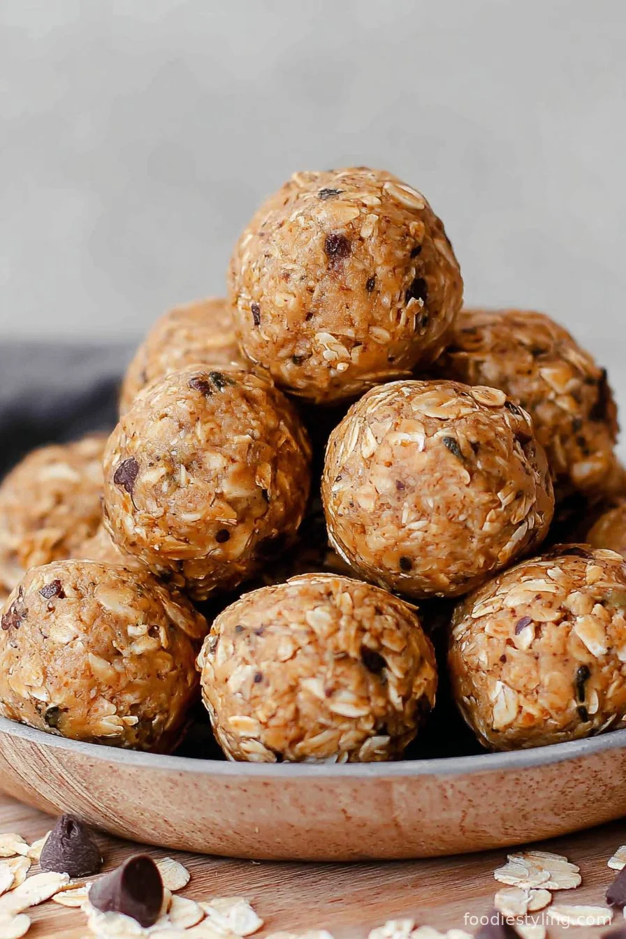 A plate of oatmeal peanut butter protein balls, stacked and ready to eat