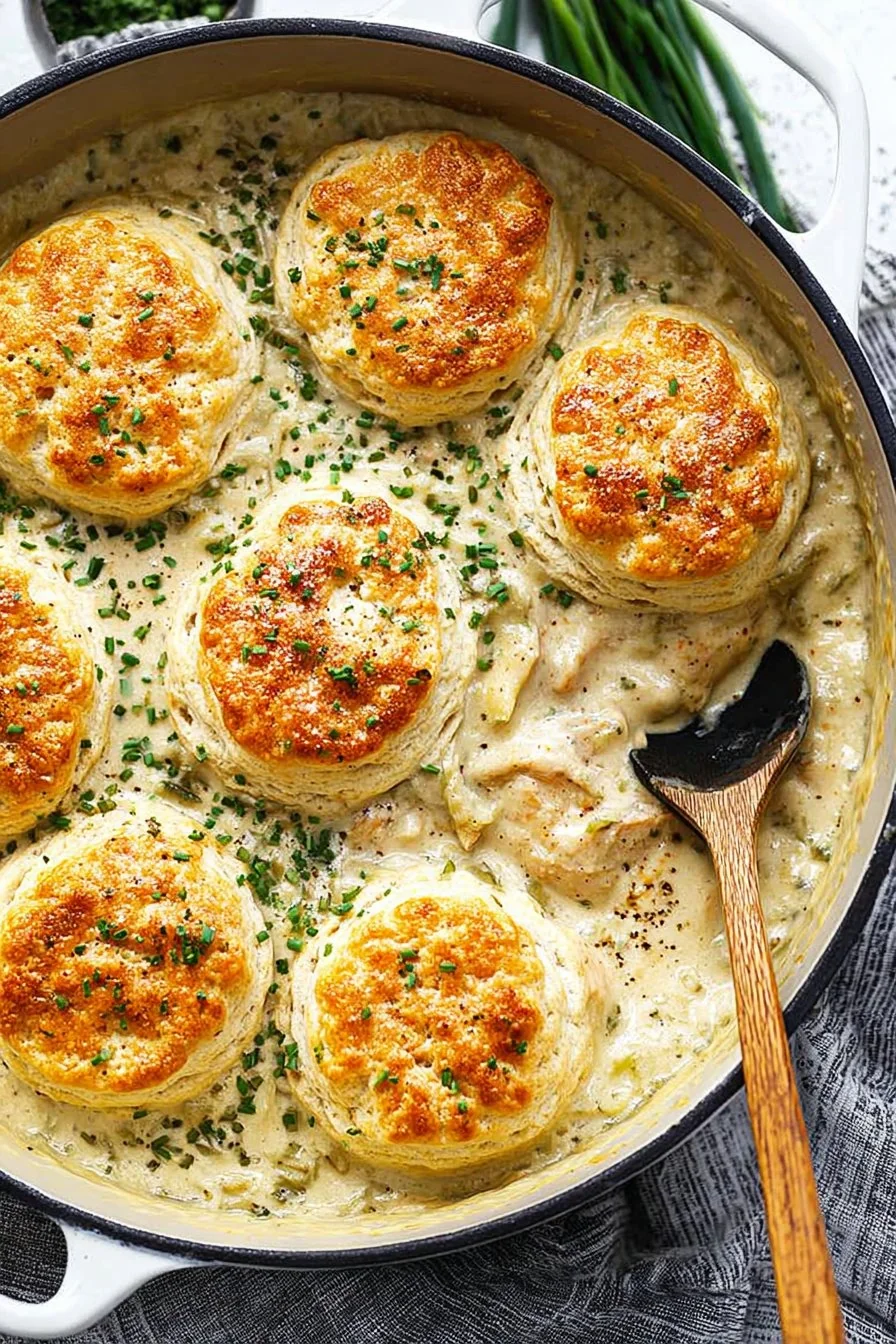 Creamy chicken and biscuits in a skillet, topped with golden biscuits