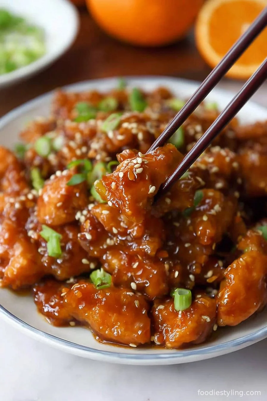 Crispy, tangy Orange Chicken in a bowl with sesame seeds and green onions