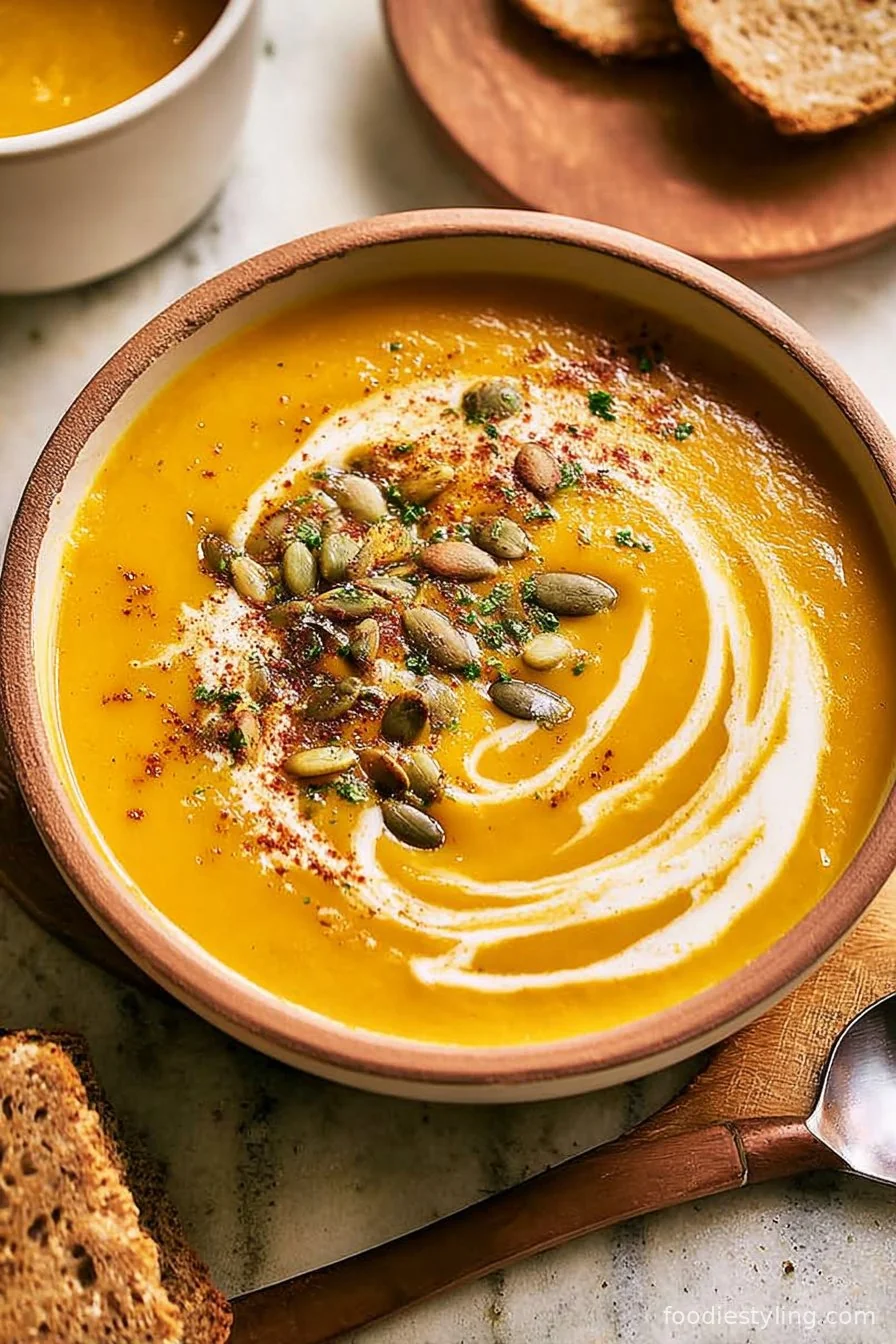Creamy golden bowl of autumn squash soup with pumpkin seeds and a swirl of cream