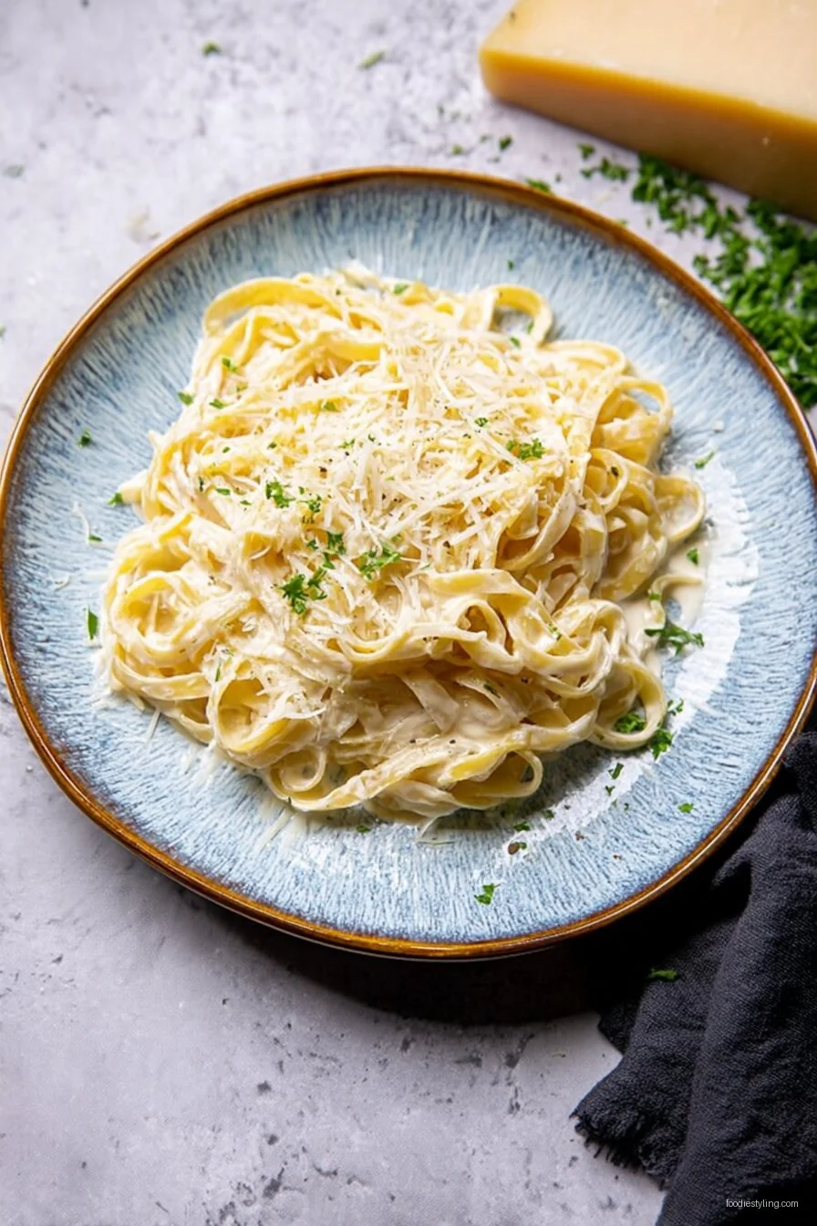 A bowl of creamy pasta with fresh parsley and grated Parmesan