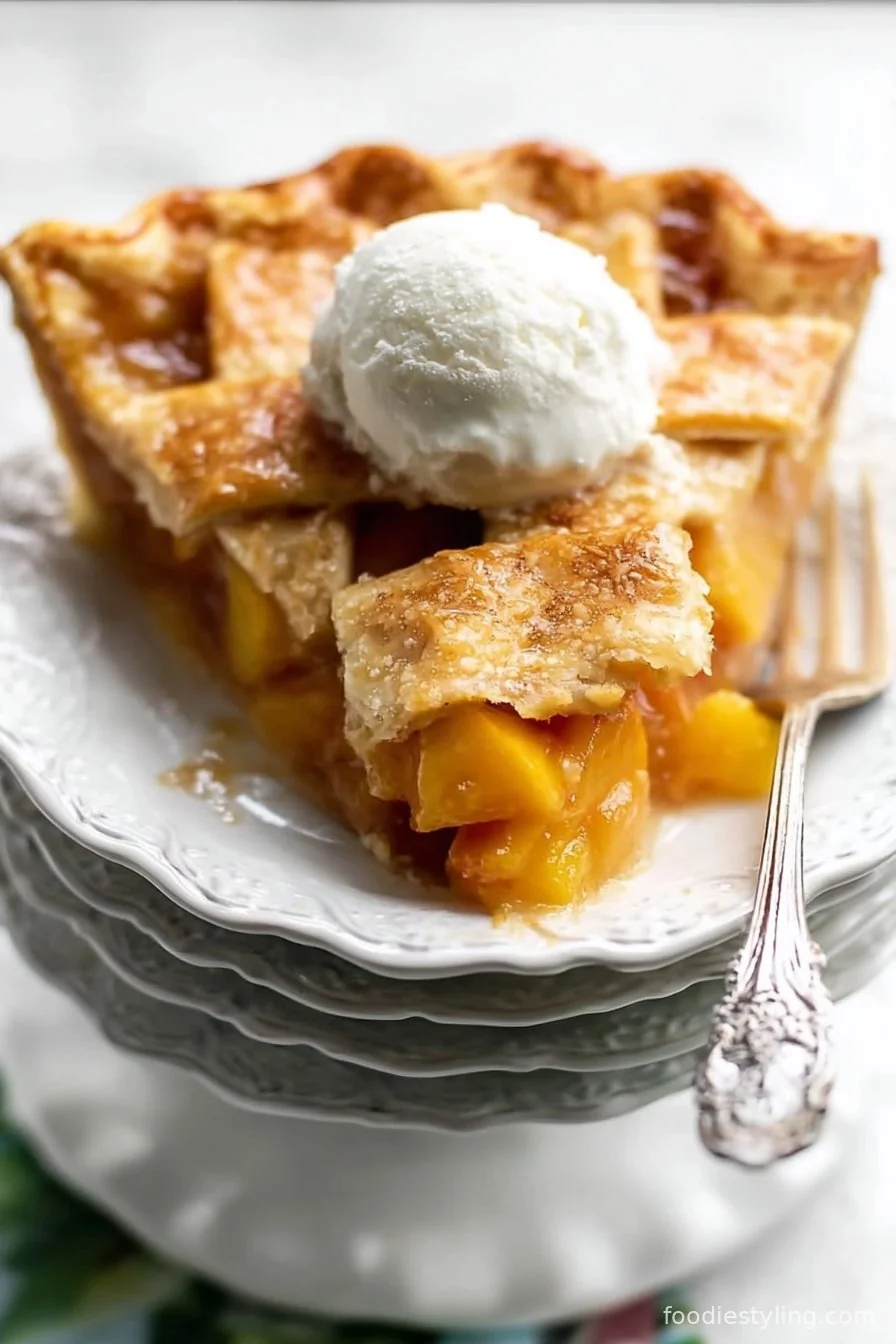 A slice of perfect peach pie with golden crust and juicy peach filling