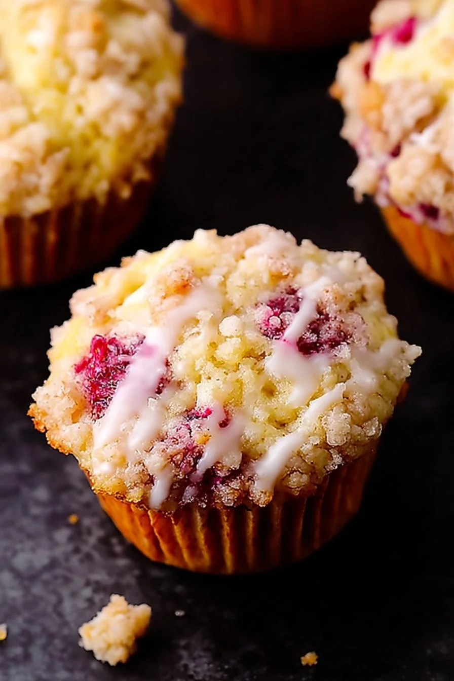 Freshly baked Raspberry Streusel Muffins with golden crumbly topping